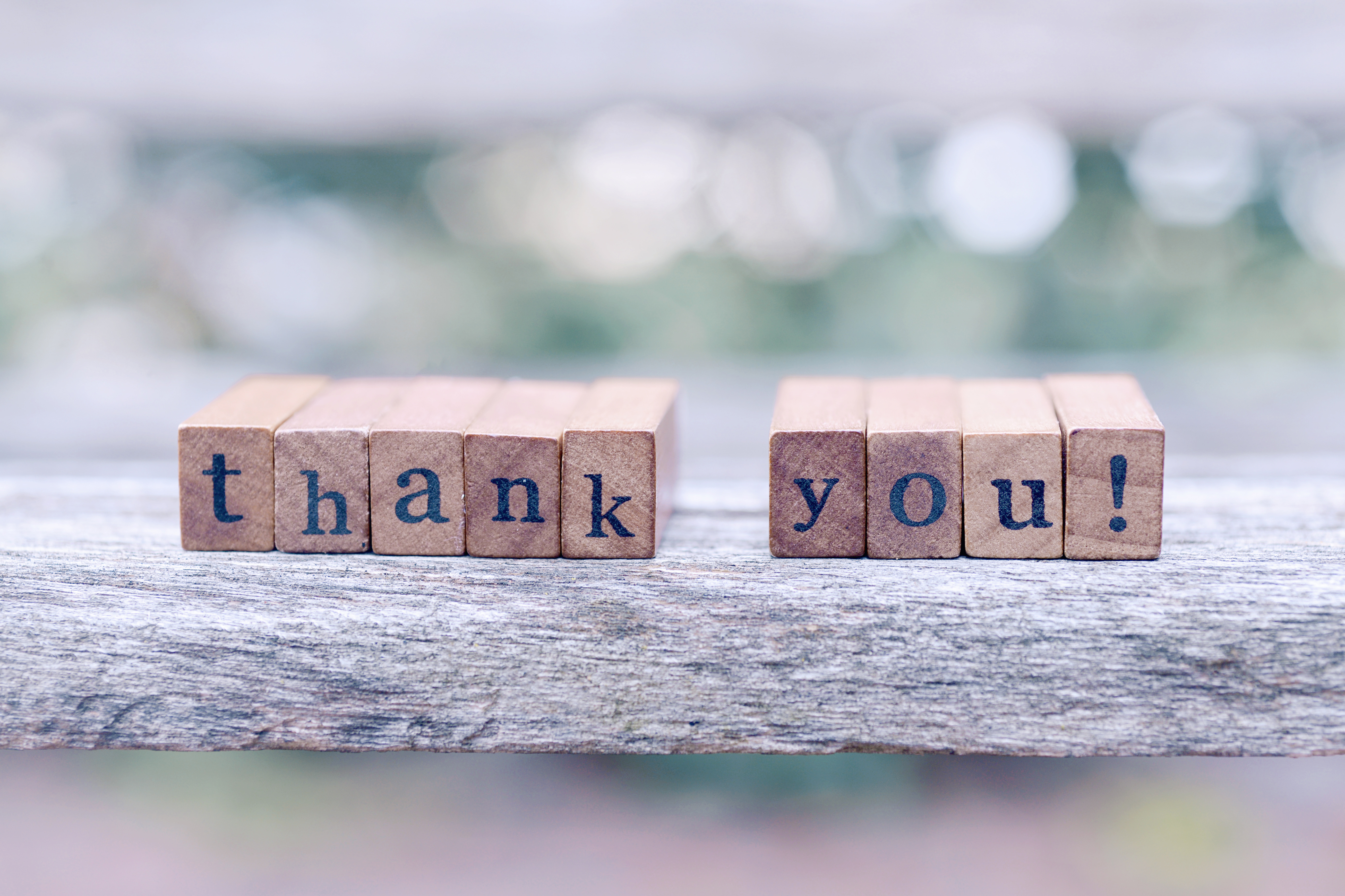 Wooden blocks spell 'thank you!'